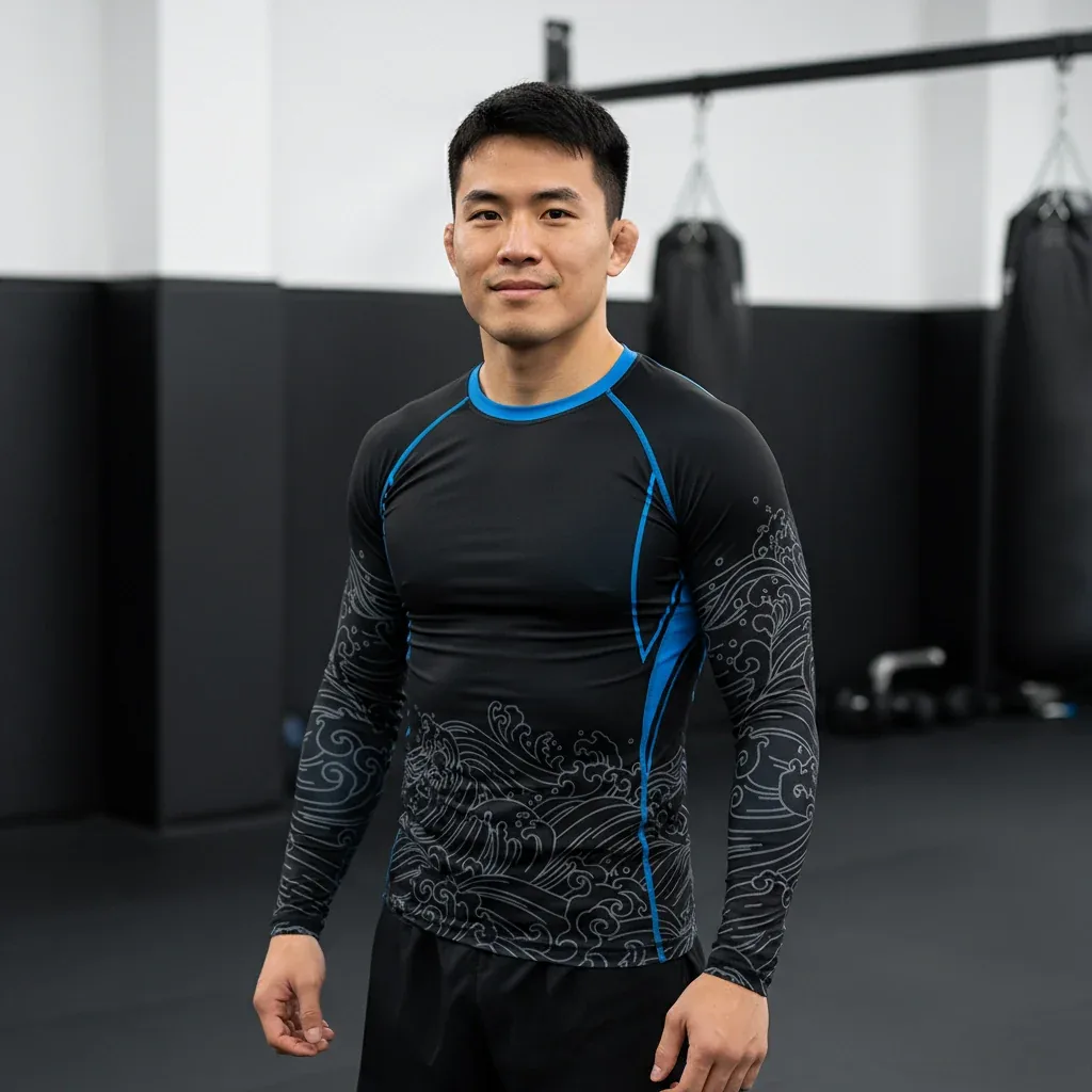 Athlete wearing a black patterned long sleeve rash guard