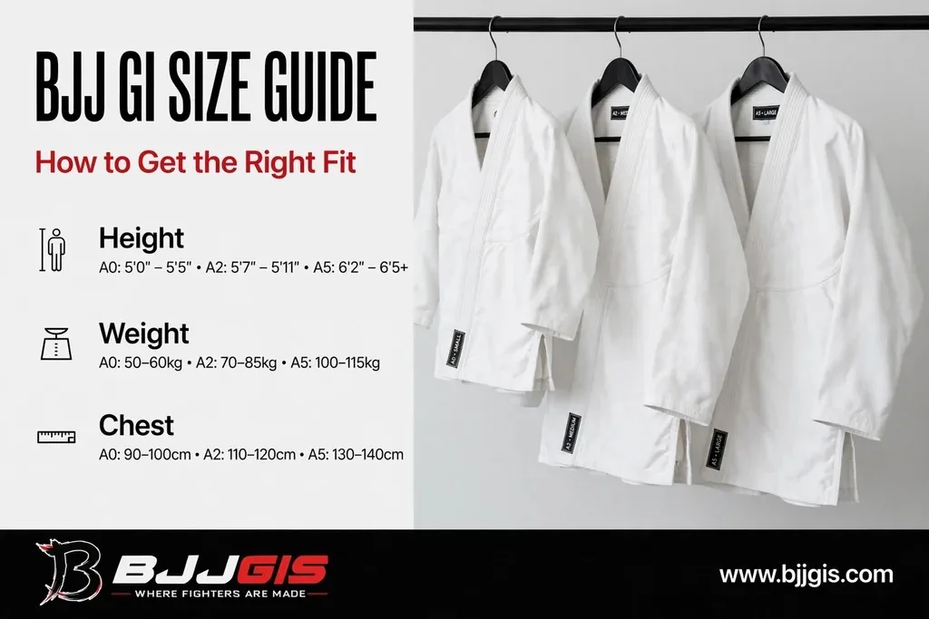 BJJ gi size guide showing height, weight and chest measurements