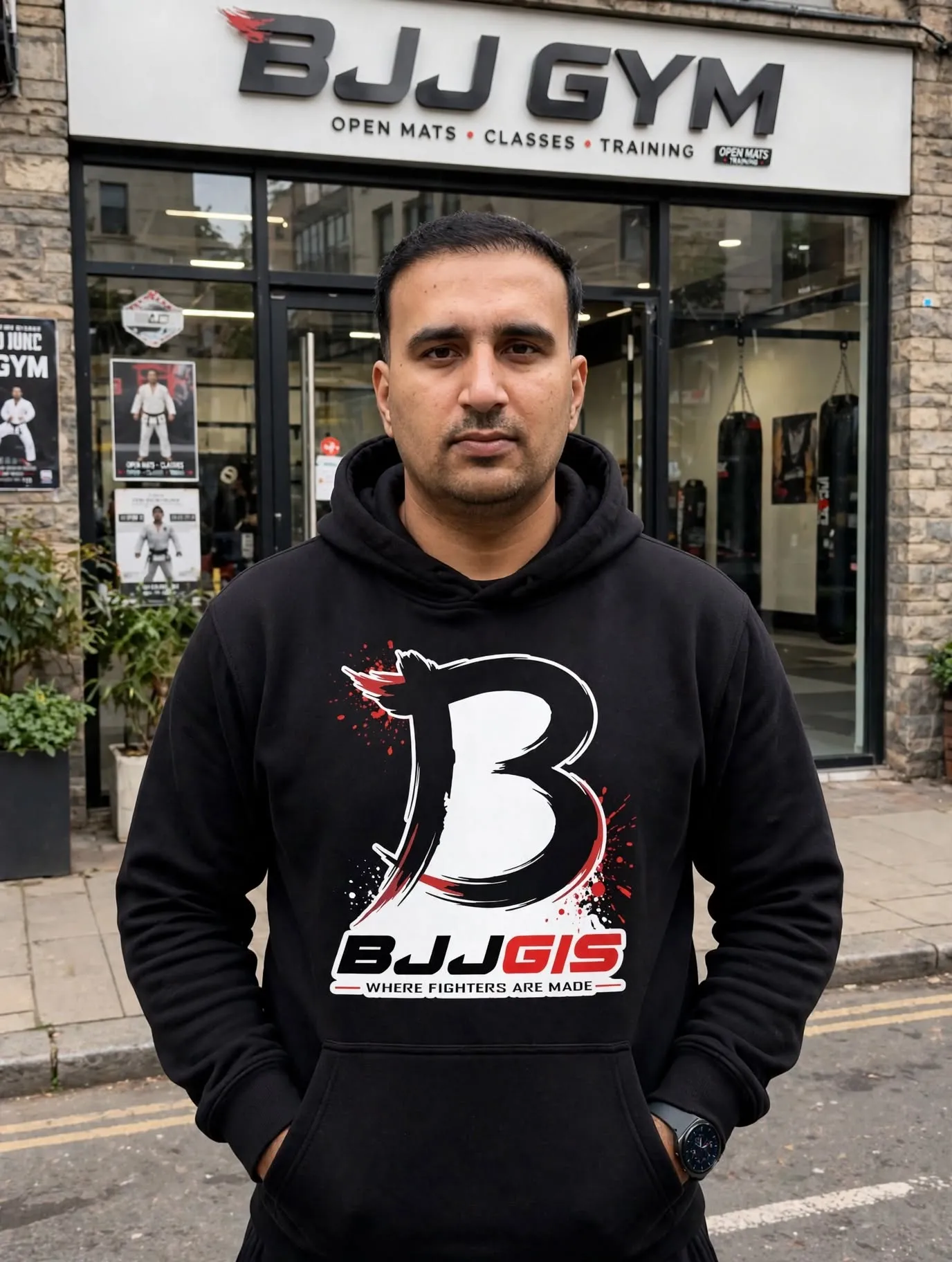 Man wearing black BJJGIS hoodie with large white B logo and Where Fighters Are Made text outside BJJ Gym
