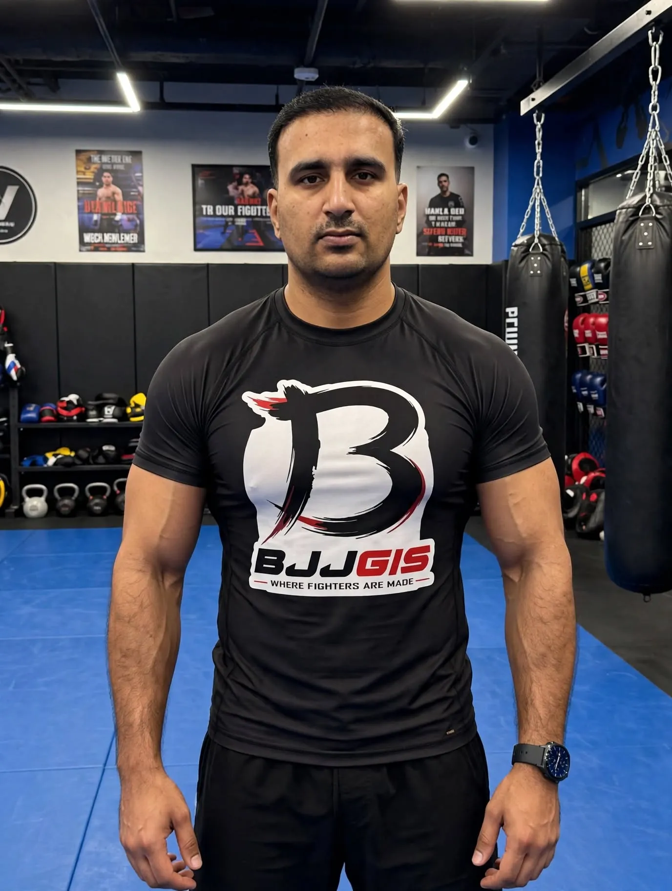 Athlete wearing a black patterned long sleeve rash guard