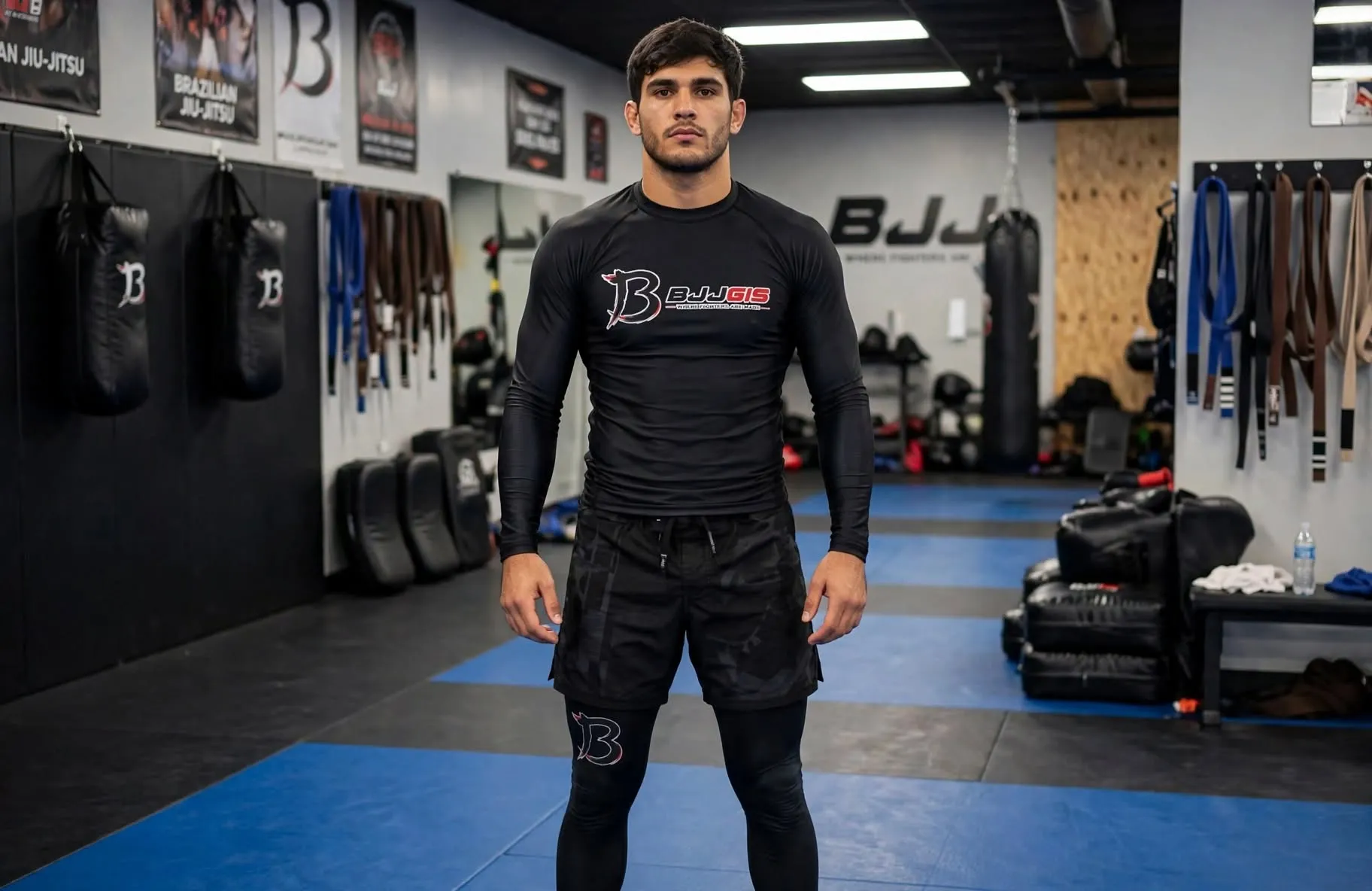 New male model wearing black BJJGIS rash guard long sleeve with big B logo and Where Fighters Are Made text arms crossed in MMA gym