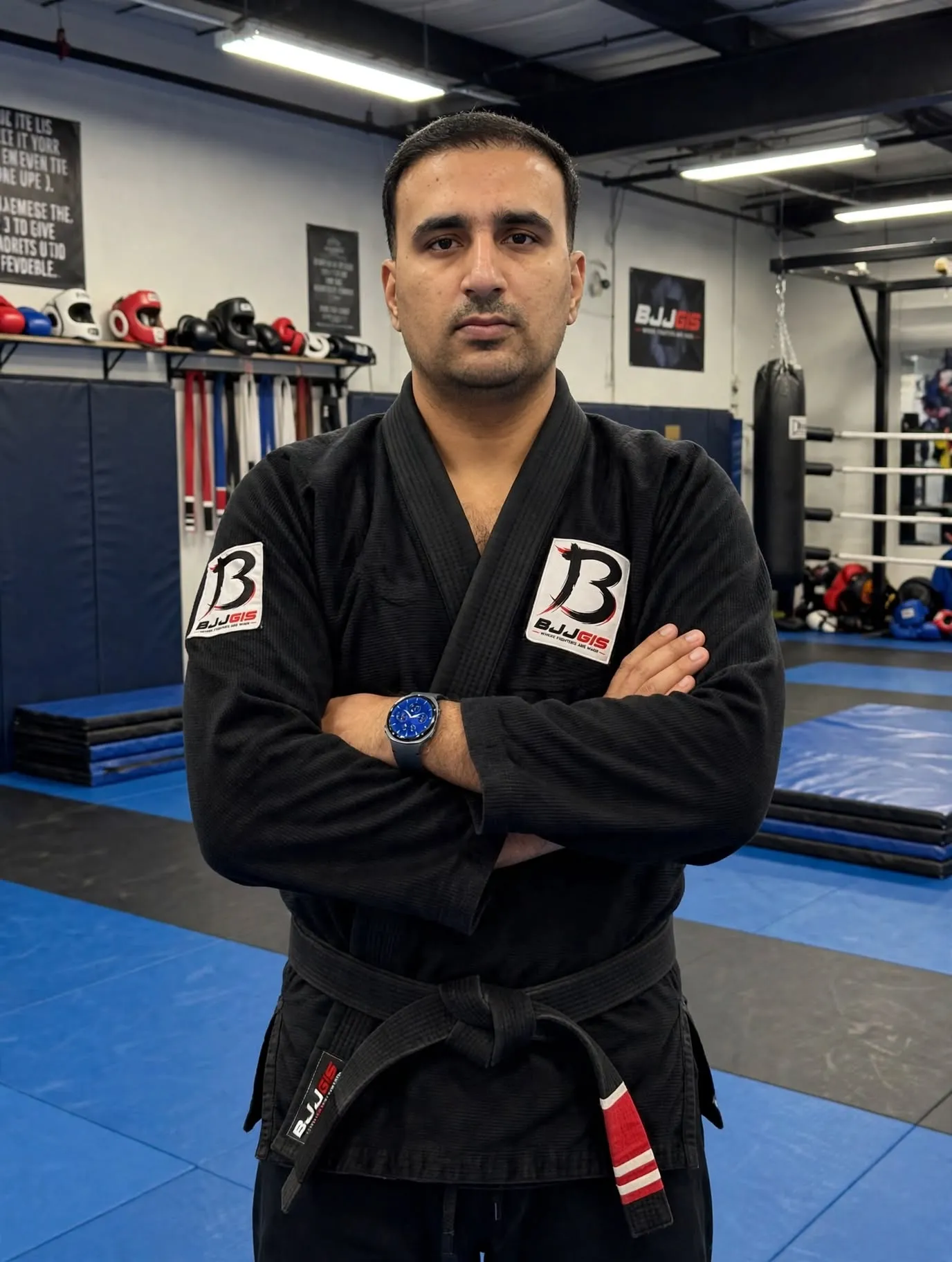 BJJGIS Black Training Gi - Where Fighters Are Made - Arms Crossed Gym Shoot