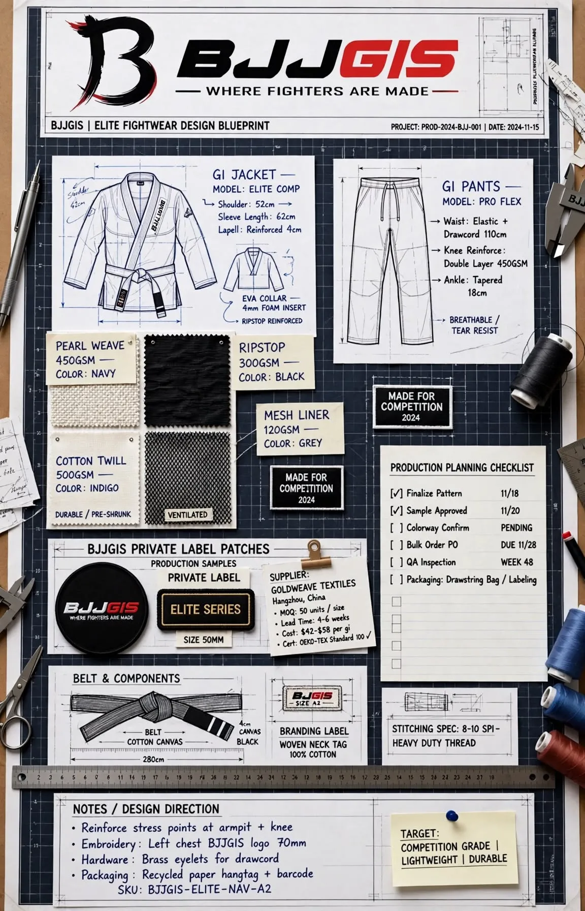 Vertical 352x564 blueprint to fightwear design table with BJJ Gi sketches fabric swatches BJJGIS private label patches elite fightwear concept