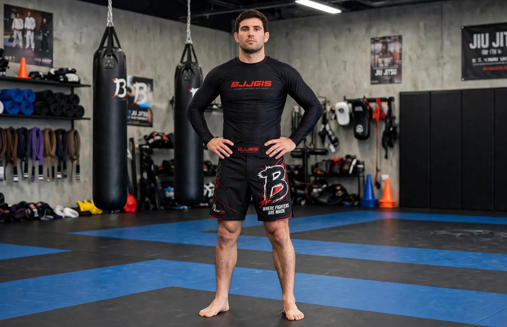 Full body male model wearing black BJJGIS long sleeve rash guard with BJJGIS red logo and black BJJGIS fight shorts with big white B logo and Where Fighters Are Made text standing hands on hips in BJJ gym
