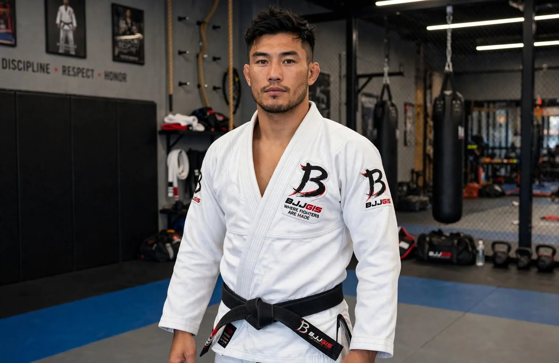 Different male model wearing white BJJGIS BJJ Gi with BJJGIS patches and black belt with logo in BJJ gym - new model