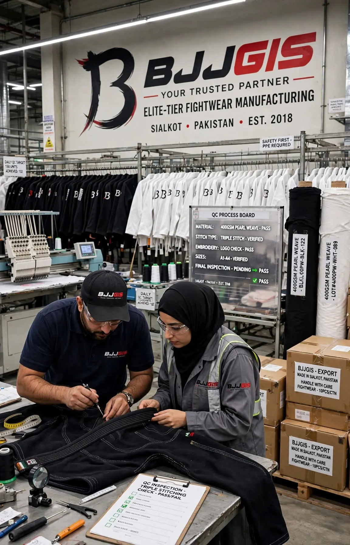 Vertical portrait 520x818 BJJGIS factory workers doing QC triple stitch inspection on black BJJ Gi with BJJGIS trusted partner logo wall Sialkot Pakistan
