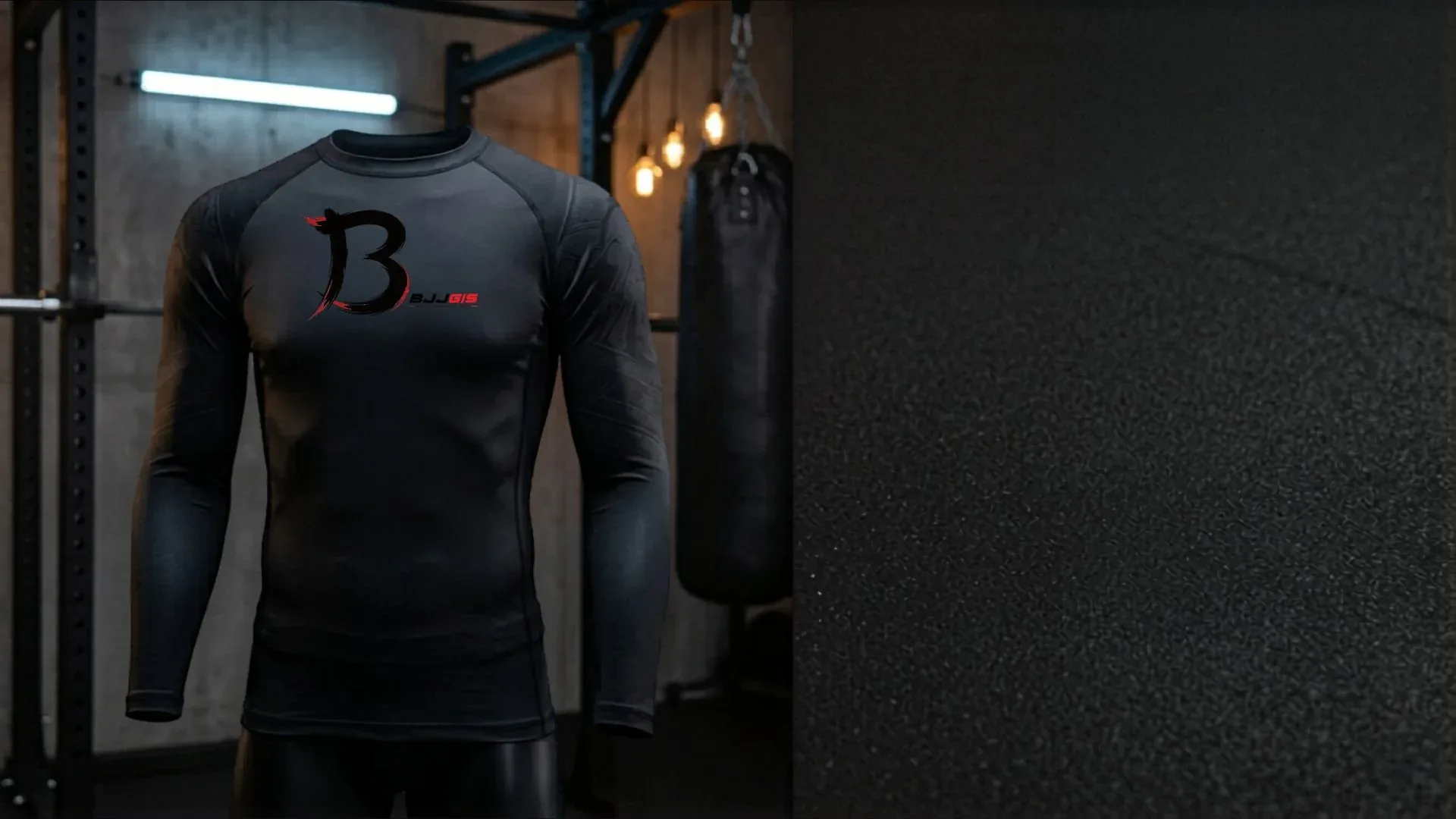 Black long sleeve compression rash guard with BJJ Gis logo on a mannequin