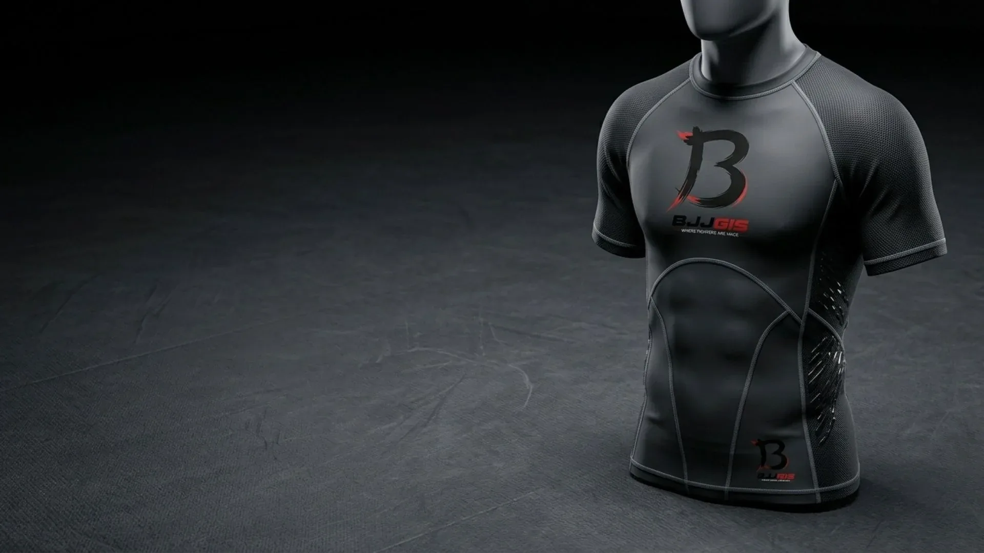Black short sleeve rash guard with BJJ Gis logo on a mannequin