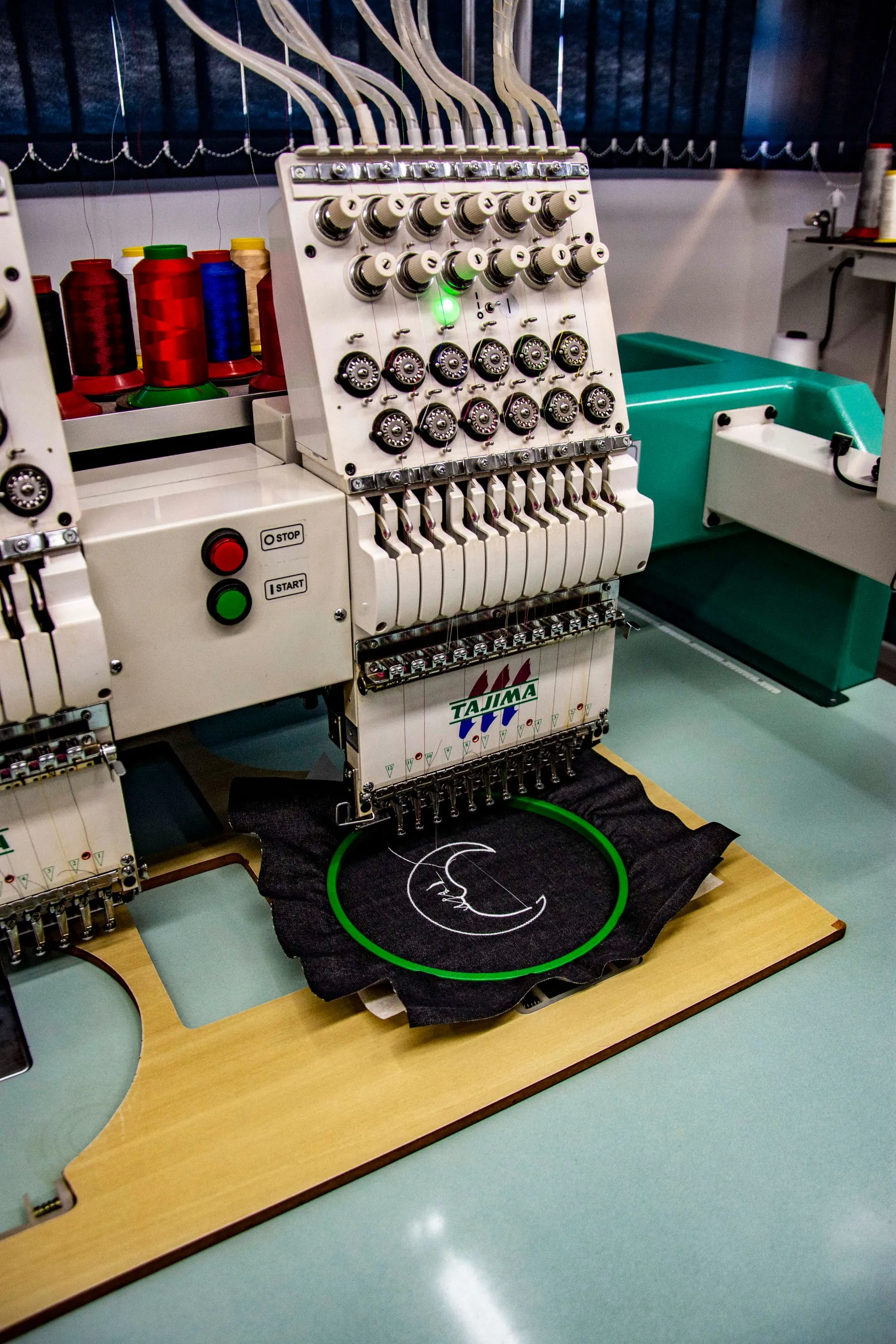 Embroidery machine stitching fabric