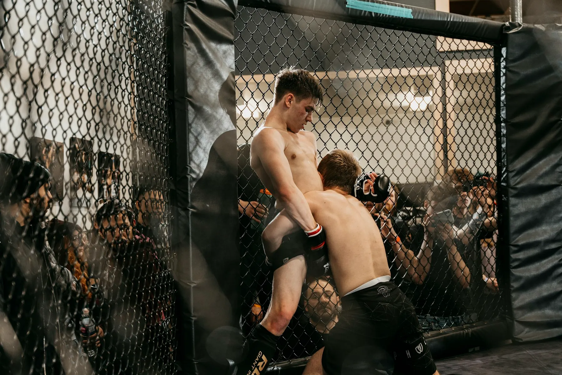 Two fighters in MMA fight shorts in the cage