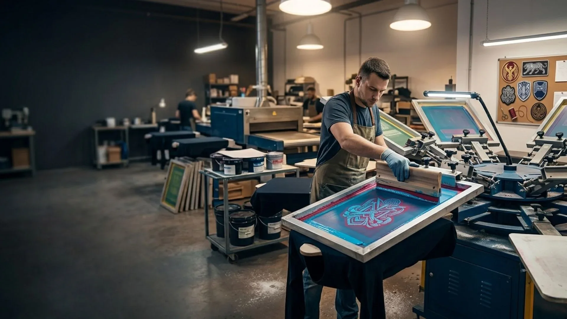 Screen printing workshop producing custom fightwear prints