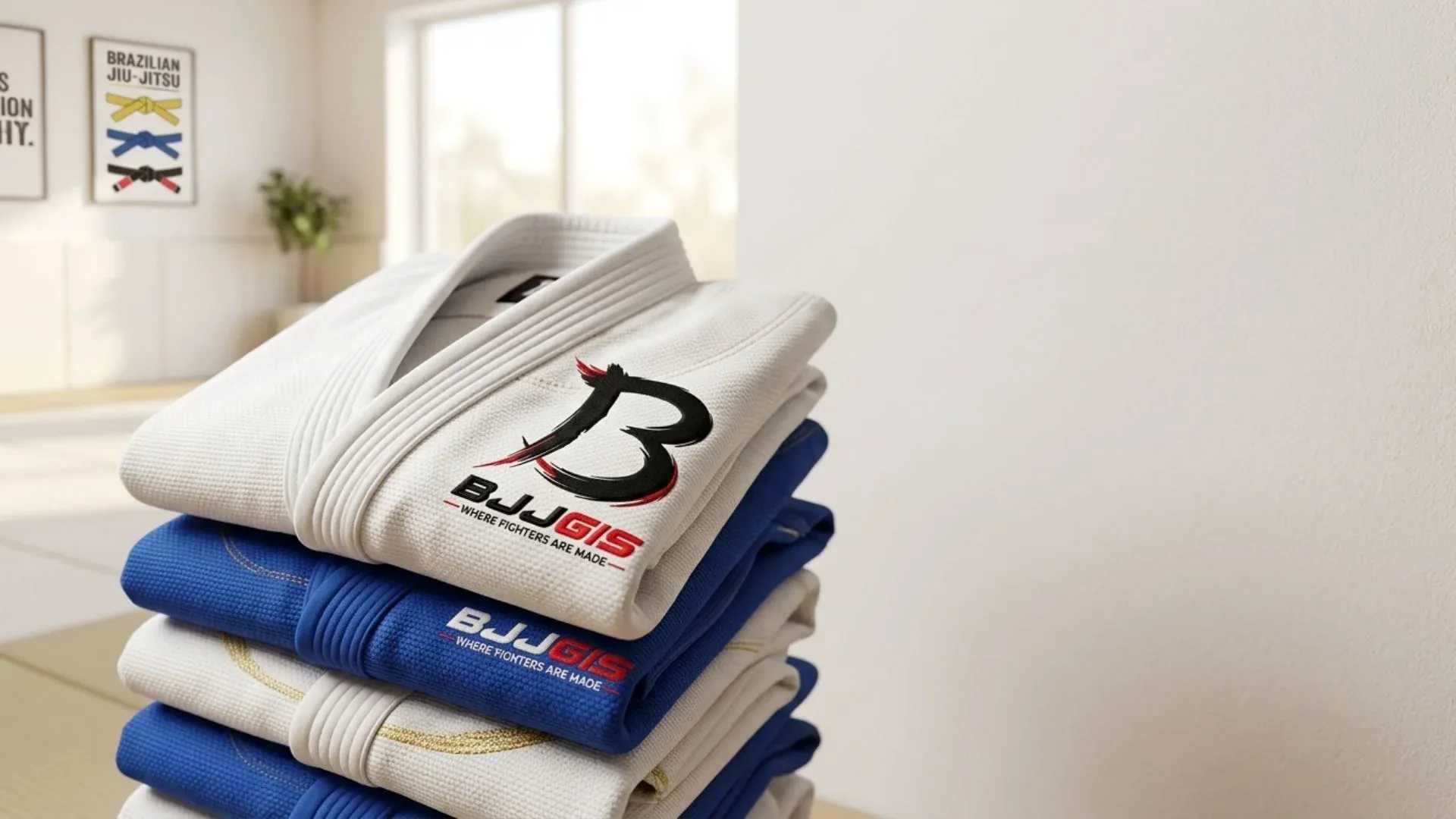 Stack of folded white and blue BJJ gis with BJJ Gis logo