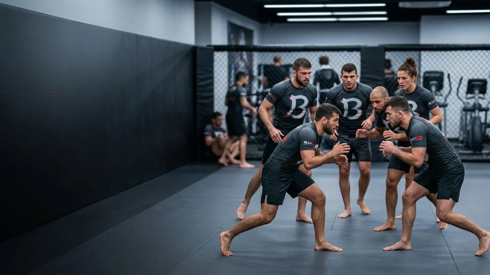 BJJ team training together in matching black rash guards